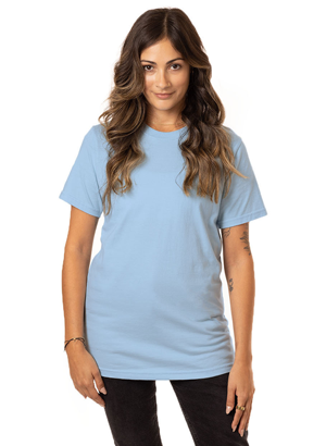 woman wearing baby blue recycled cotton T-shirt