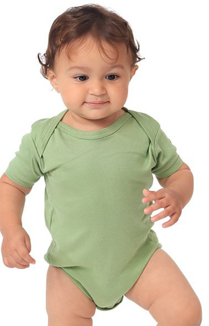 baby wearing recycled cotton onesie bodysuit in green