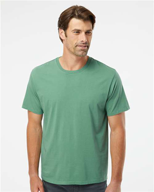 man wearing green recycled cotton T-shirt
