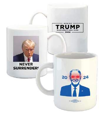 Biden Dark Brandon mug and Trump never surrender mug