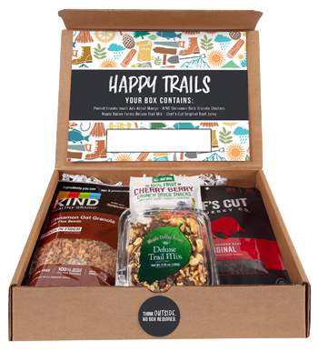 Happy Trails Healthy Gourmet Kitwith dried fruit snacks, granola, beef jerky and deluxe trail mix