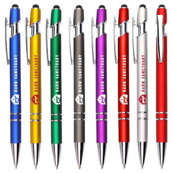 brightly colored ballpoint pens with logo and stylus