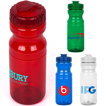 plastic water bottles in various colors with logos