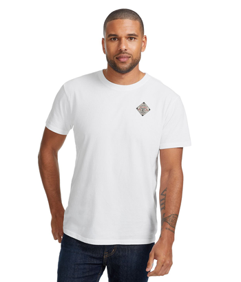 man wearing white T-shirt with left chest logo