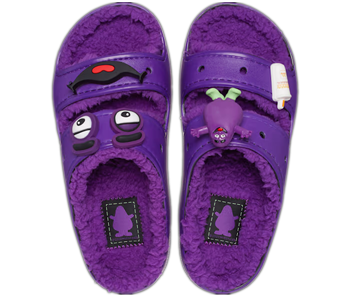 purple Grimace Crocs x McDonald's cozy sandals with charms