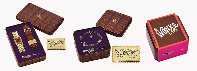 Willy Wonka x Fossil watch, bracelet and Wonka Bar packaging