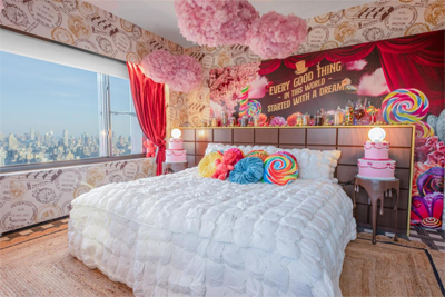 Booking.com Willy Wonka NYC "sweet suite" bedroom