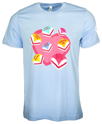 baby blue T-shirt with pink heart and conversation sliders graphic