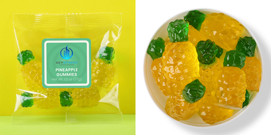 pineapple gummy candy in a branded bag