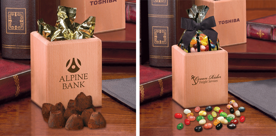 wooden desk cube filled with chocolate truffles or Jelly Belly jellybeans