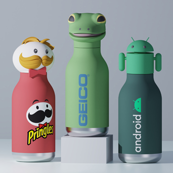 Asobu Bestie bottels in brand mascots for Pringles, Geico, Android