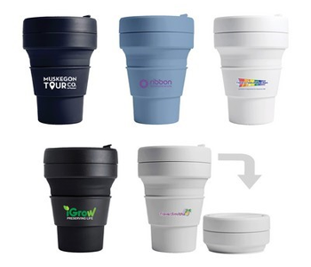 silicone collapsible coffee to-go cups with decorated heat sleeves