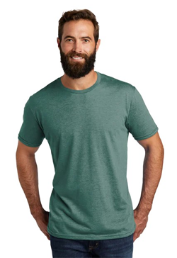 green eco-friendly tri-blend tee worn by smiling bearded man