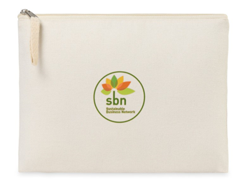 branded zipper pouch made from Aware traceable recycled cotton