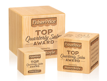 laser-engraved cube awards made from FSC-certified bamboo